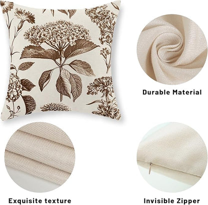 Brown Pillow Covers 20x20 Set of 2 Vintage Boho Floral Hydrangea Herbs Botanical Throw Pillow Cover Outdoor Flower Decorative Pillowcase Linen Farmhouse Cushion Case Decor for Couch Sofa