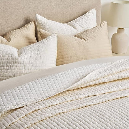 EVERGRACEHOME Cotton Sateen Quilt Set Queen Size, Pre-Washed Cotton Channel Stitch Coverlet Bedspread, 3 Pieces Lightweight Soft Bedding Sets for All Season, with 2 Pillow Shams, Cream
