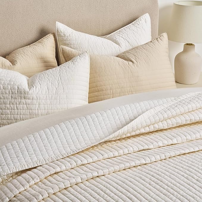 EVERGRACEHOME Cotton Sateen Quilt Set King Size, Pre-Washed Cotton Channel Stitch Coverlet Bedspread, 3 Pieces Lightweight Soft Bedding Sets for All Season, with 2 Pillow Shams, Cream