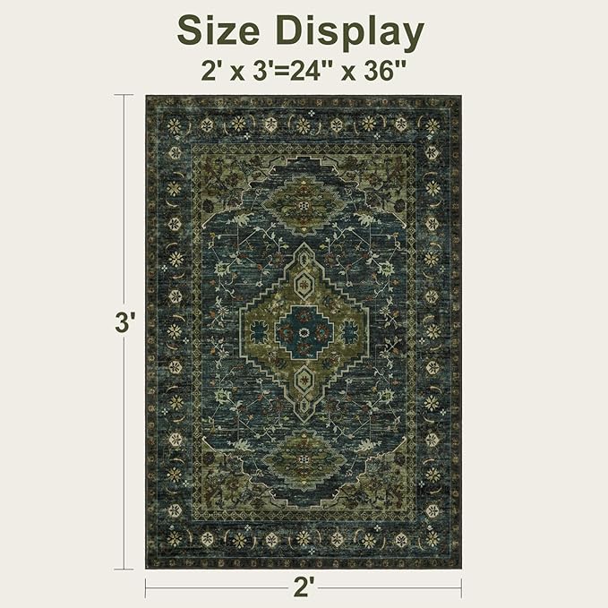 Tangsoo Oriental Small Washable Rugs for Entryway 2x3 Vintage Olive Green Rug Non Slip Small Area Rug, Front Door Boho Print Door Mat Indoor Entrance Soft Low Pile Throw Rug for Entry Kitchen Bedroom