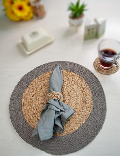 Chardin home Round Verona Woven Jute & Cotton Braided PLACEMAT (Set of 4), Size -15” Round, Color - Natural Jute with Grey Border