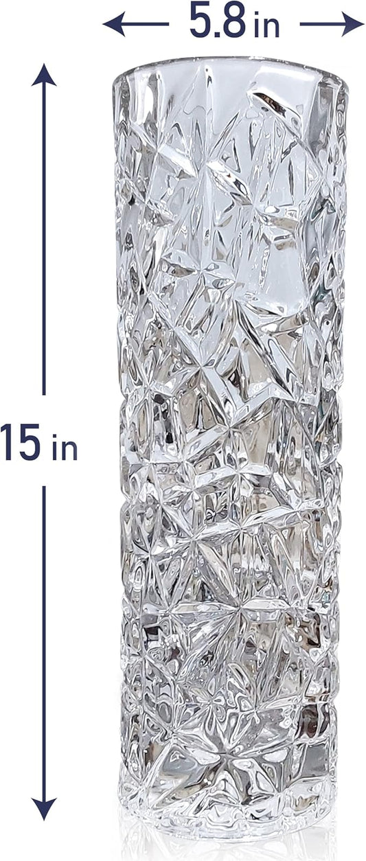 CS Crystal Vase 15-inch high, Frost Flower Design, for Flowers & Decor. Lovely Nice Shiny Piece. Perfect as a Gift, Suitable for All Occasions.