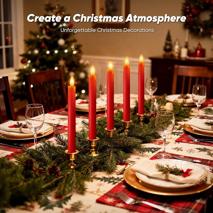 Homemory 2 Pcs Real Wax Made Red Flameless Taper Candles with Remote and Timer, 9.6" Battery Operated Candle Stick Flickering, Led Taper Candles with Lifelike Flame for Xmas Home Decor