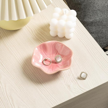 Ceramic Ring Dish, Jewelry Dish Holder, Small Trinket Tray Plate for Earrings Rings Necklaces Keys, Gift for Mom Friend Sister on Birthday Mother's Day Christmas (Pink Surface)