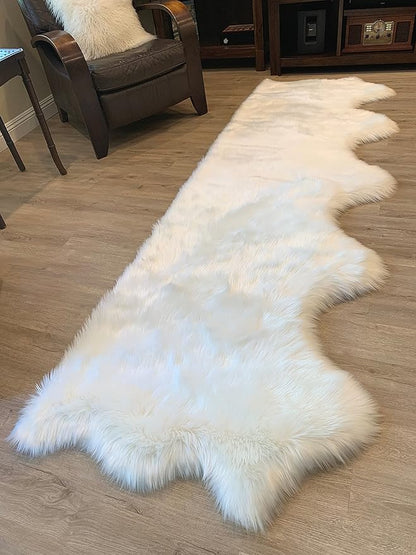 LAMBZY Faux Sheepskin Super Soft Hypoallergenic Silky Shag Rug for Living Room, Kids Room, Sofa (5 Pelts Side by Side 3'x10', White)