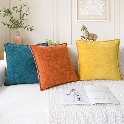 CaliTime Fall Throw Pillow Covers Decorative 20 X 20 Inches Pack of 2 Cotton Thread Stitching Edges Solid Dyed Soft Chenille Cushion Cases for Couch Sofa Bed Living Room Farmhouse Burnt Orange