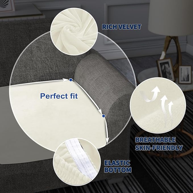 MAXIJIN Velvet Stretch Cushion Covers Fitted Couch Cushion Slipcovers Sofa Seat Cushion Covers for Individual Cushions with Elastic Bottom (3 Piece Sofa Seat Slipcovers, Beige)