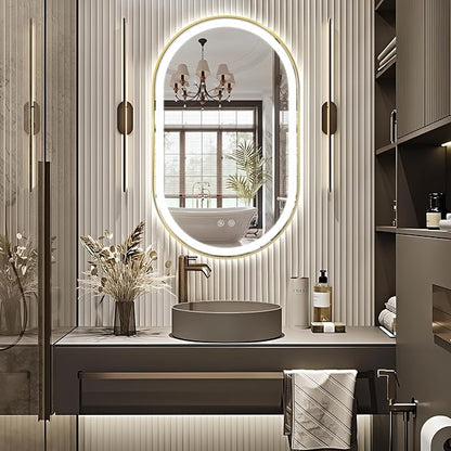 Niccy Oval LED Mirror for Bathroom, 40x24 Front Lit + Backlit Vanity Mirrors with Light Anti-Fog, Shatter-Proof, 3 Colors, Makeup Mirror with Old Gold Frame (Horizontal/Vertical)