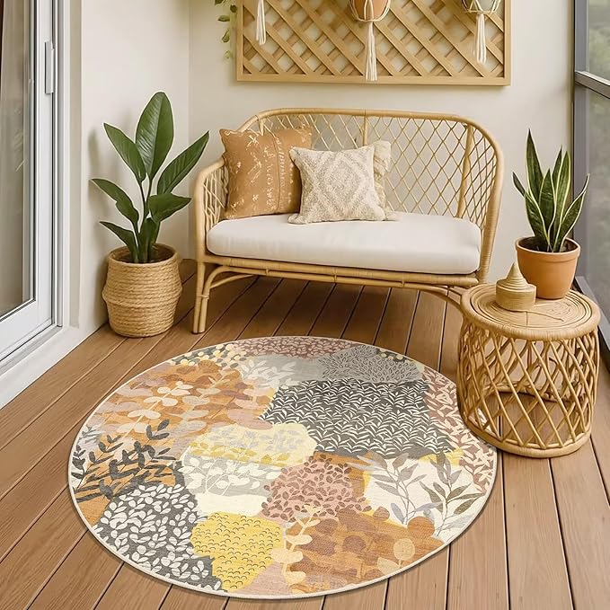 DEXDE Round Rug 5ft Washable Circle Area Rugs Non Slip Low Pile Boho Floral Large Circular Carpet for Bedroom Bathroom Entryway Kids Room Office Dining Room,Camel