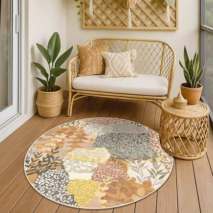 DEXDE Round Rug 5ft Washable Circle Area Rugs Non Slip Low Pile Boho Floral Large Circular Carpet for Bedroom Bathroom Entryway Kids Room Office Dining Room,Camel
