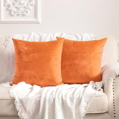 FY FIBER HOUSE Pack of 2 Velvet Throw Pillow Covers Decorative Square Pillowcase Soft Solid Cushion Case for Sofa/Couch Use, 18 x 18 Inch Orange