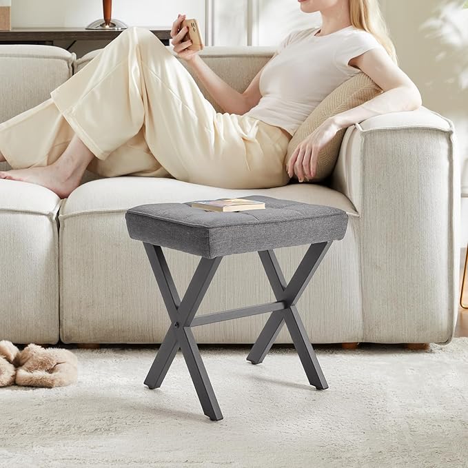 Sweetcrispy Vanity Stool Ottoman, Square Linen Makeup Stool Metal X Legs, Small Footstool Chair for Vanity, Modern Padded Seat Foot Rest for Makeup Room, Bathroom,Living Room, Entryway, Gray