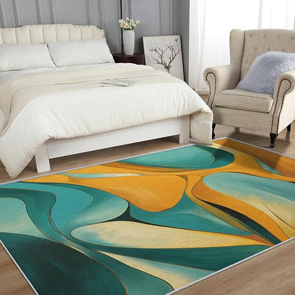Abstract Rugs for Bedroom - Abstract Swirl Area Rug, 2x3 Rug, Yellow Blue Contemporary Rug & Home Decor, Modern Carpet & Room Decor, Washable Non Slip Anti Skid Rugs