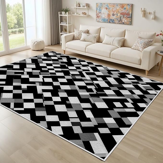 Black White and Grey Rug - Geometric Area Rug, Area Rugs 7x9, Modern Abstract Rugs, Irregular Block Splicing Carpet Washable Non Slip Home Decor Carpet for Living Room