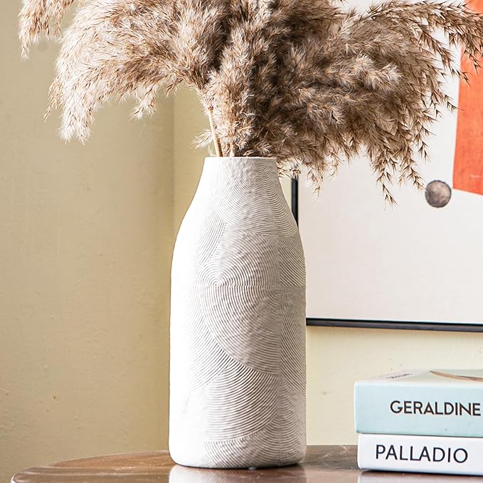 Decorative Ceramic Vase, 11.3 Inch White Modern Farmhouse Vases for Home Decor, Boho Textured Vases for Living Room, Table, Mantel, Shelf and Centerpieces Decor