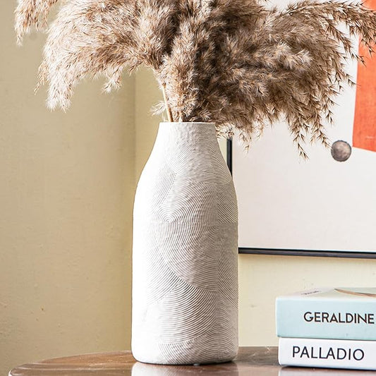 Decorative Ceramic Vase, 11.3 Inch White Modern Farmhouse Vases for Home Decor, Boho Textured Vases for Living Room, Table, Mantel, Shelf and Centerpieces Decor