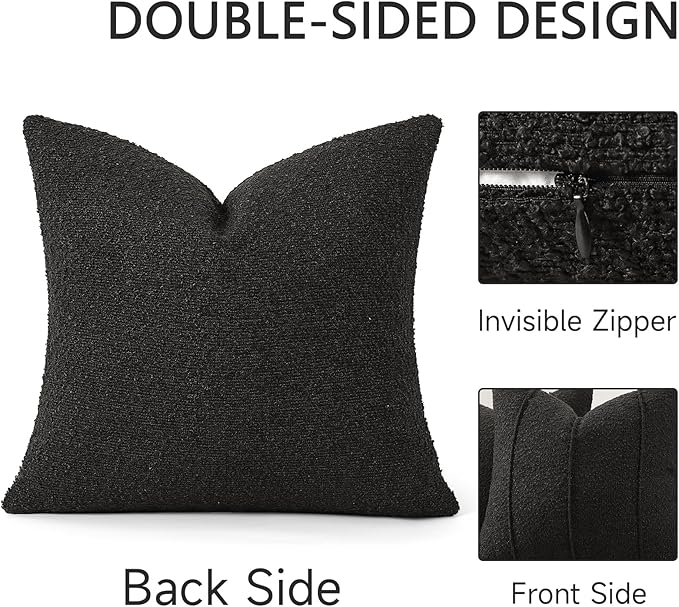YCOLL Textured Boucle Throw Pillow Covers 20x20 Pack of 2 - Soft Neutral Striped Cushion Covers, Cozy Accent Decorative Pillow Covers for Couch, Sofa, Bed, Living Room (Black)