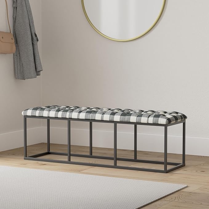 HomePop Upholstered Button Tufted Decorative Bench with Metal Base, Black and White Plaid