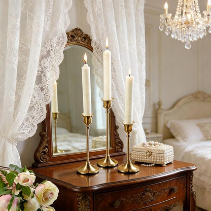 2 Sets(6 Pcs) Candle Stick Holders，Brass Gold Metal Taper Candle Holders, Vintage Modern Decorative Centerpiece Candlestick Holders for Table Mantel Wedding Housewarming Gift