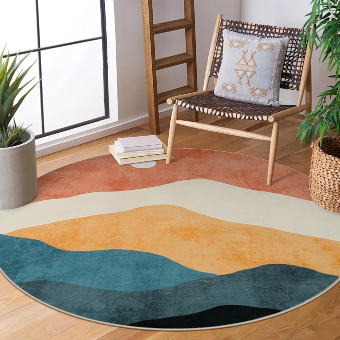 6 ft Abstract Round Rugs for Bedroom, Washable Non-Slip Circle Rug, Soft Colorful Low-Pile Floor Mat, Chic Faux Wool Large Rug, Indoor Throw Rugs for Living Room, Kidsroom