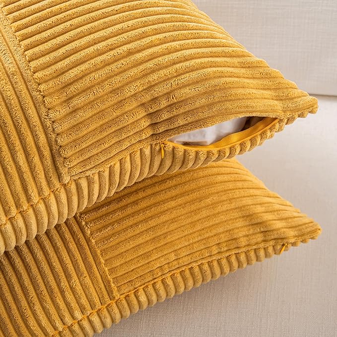Fancy Homi 2 Packs Gold Yellow Lumbar Decorative Throw Pillow Covers 16x28 Inch for Couch Bed Sofa, Rustic Farmhouse Boho Spring Home Decor, Soft Striped Corduroy Rectangle Accent Cushion Case 40x70cm