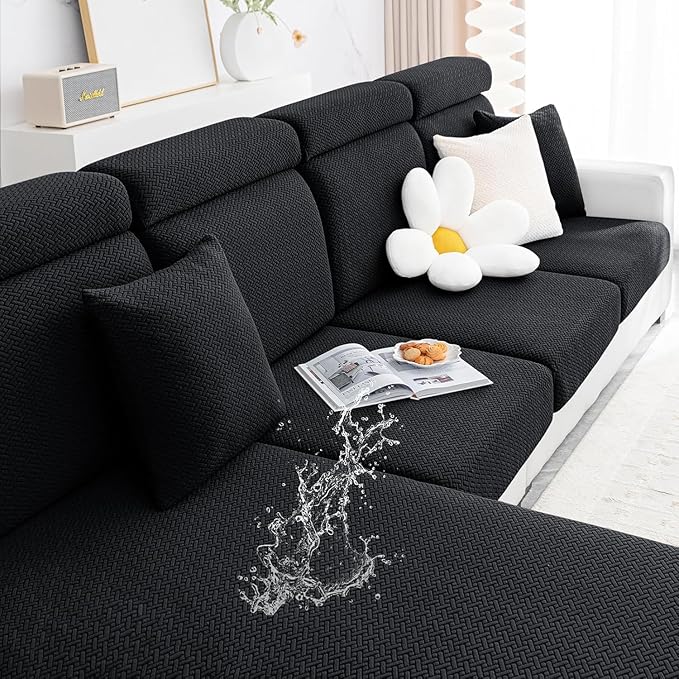 Smiry Waterproof Couch Cushion Covers, Stretch Jacquard Thick Sofa Cushion Covers, Washable Seat Slipcover Elastic Furniture Protector for Pets, Kid (Back Cover L, Black)