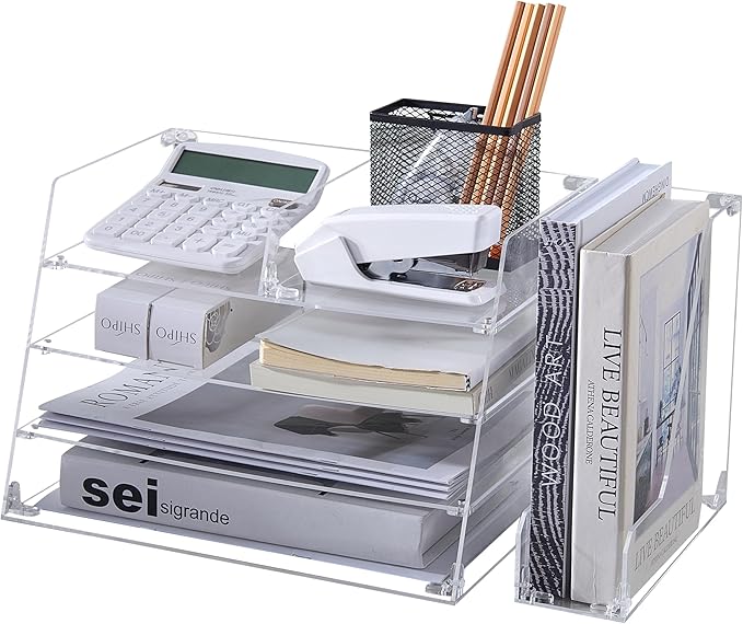 Acrylic Desk Organizer - 4-Tier Tray with Vertical File Holder for Books, Stationary, Letter, Magazines, Documents, and File Organizer - Durable Space Saving Storage, For Home and Office