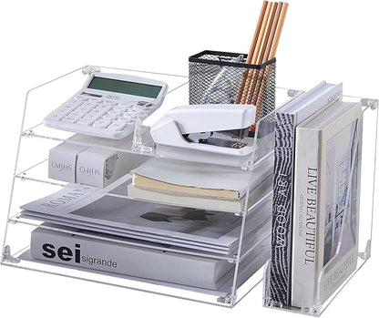 Acrylic Desk Organizer - 4-Tier Tray with Vertical File Holder for Books, Stationary, Letter, Magazines, Documents, and File Organizer - Durable Space Saving Storage, For Home and Office