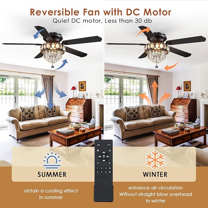 Asyko Crystal Ceiling Fan Fandelier with Lights - 52" Outdoor Fans with Remote Control，Noiseless DC Motor, Retro/Farmhouse Lighting, Dining Room,Living Room