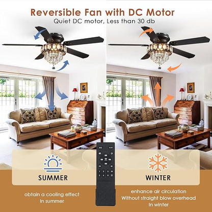 Asyko Crystal Ceiling Fan Fandelier with Lights - 52" Outdoor Fans with Remote Control，Noiseless DC Motor, Retro/Farmhouse Lighting, Dining Room,Living Room