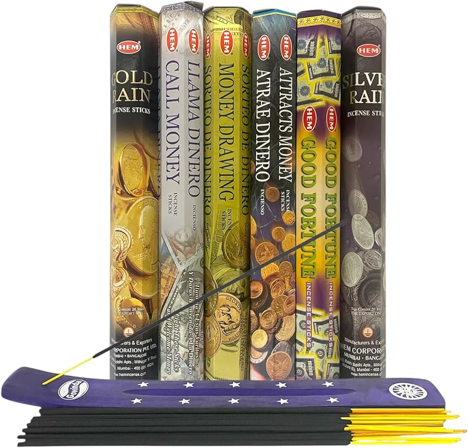 Hem Incense Sticks Variety Pack #-120 Insence-Sticks (6 Incents x 20 Insense) + Incense Stick Holder Bundle with 6 Themed Fragrances (Money)
