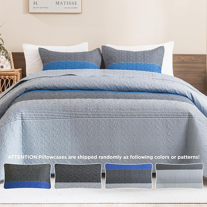 Litanika California King Quilt Set Blue and Grey - Cal King Oversized Stripe Comforter Bedspreads & Coverlets - Soft Lightweight Quilted Bedding Set for All Season(1 Quilt, 2 Pillowcases)