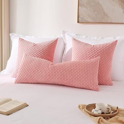 Kevin Textile 14x36 Inch Long Lumbar 1 Pack Boho Decorative Throw Pillow Cover Soft Striped Corduroy Rectangle Cushion Case Farmhouse Accent for Living Room Couch Sofa Bed, Dark Pink