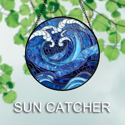 DASTOLL Stained Glass Window Hanging 4 Pcs Set Blue Ocean Waves Large 15" - Starfish Crab Seal Suncatcher Door Garden Sun Catcher Decor Birthday for Mom Woman Nana Men Friend