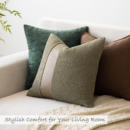 18"x18" Moss Green Boucle Throw Pillow Covers with Faux Leather Accents Set of 2 Fluffy Textured Decorative Pillow Cases for Couch Bed Boho Farmhouse Neutral Cushion Covers for Nordic Home