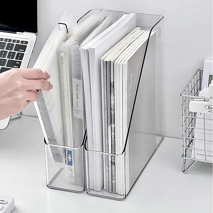 4-Pack Acrylic Magazine Holder & Book Organizer Clear Desktop File Storage Rack for Office/Home, Includes 6 Silicone Bookmarks (Space-Saving Design)
