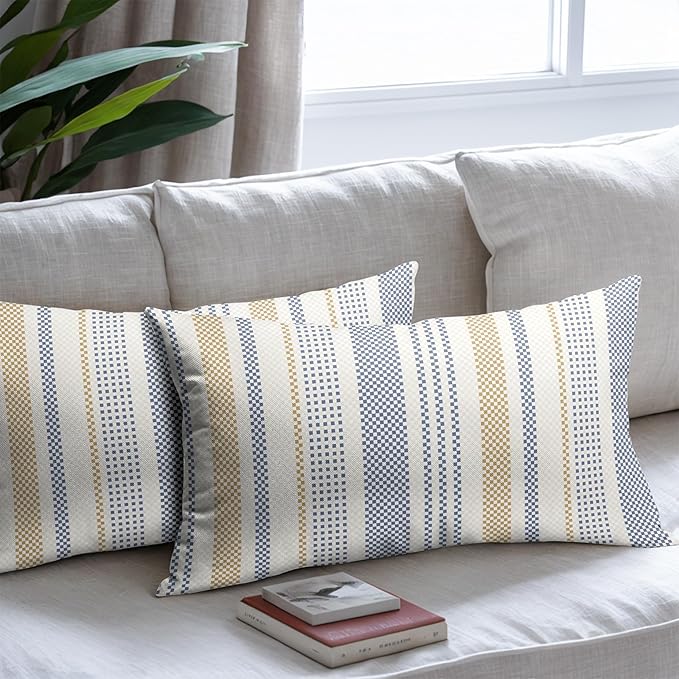 Blue Yellow Lumbar Pillow Covers 12x20 Set of 2 Geometric Striped Print Partten Decorative Outdoor Boho Pillowcases with Zipper Rustic Decoration Farmhouse Sofa Couch Throw Cushion Cover Bed Decor