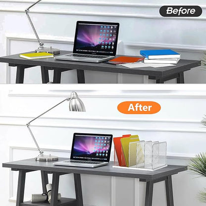 Kuntine.B Desk File Organizer Upright Mesh Desktop Organizer File Sorter Office Organization File Holder for Home, Office & Classroom (Silver, 1 Pack 5-Section)