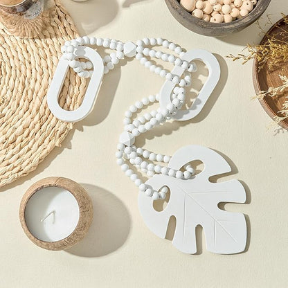 Unique Wood Beads with Chain Link and Leaf, Decorative Beads Home Decor, Knot Beaded Garland Decor, Housewarming Gift, White