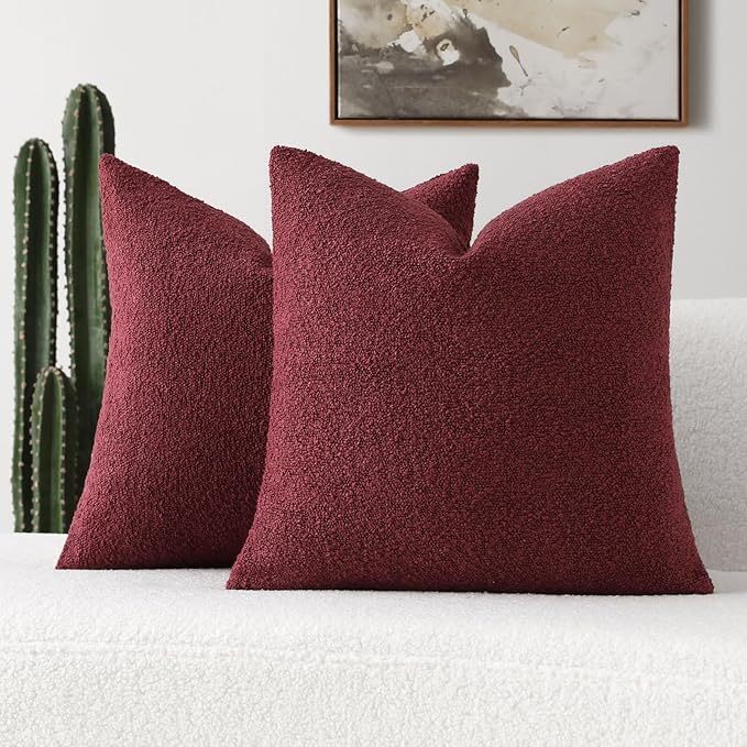 FUTEI Pack of 2 Burgundy Decorative Throw Pillow Covers 26x26 Inch Soft Cozy Solid Boucle Textured Euro Pillow Shams,Modern Home Decor for Couch Bed Living Room