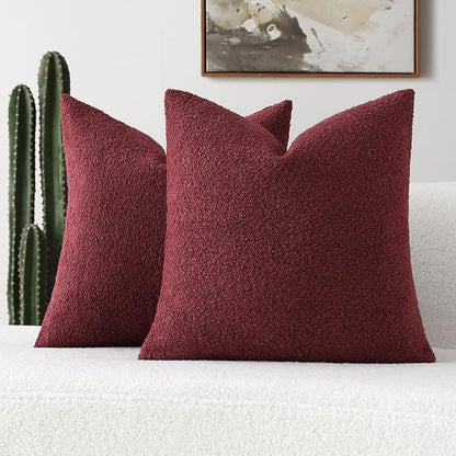 FUTEI Pack of 2 Burgundy Decorative Throw Pillow Covers 24x24 Inch Soft Cozy Solid Boucle Textured European Cushion Case,Modern Home Decor for Couch Bed Living Room