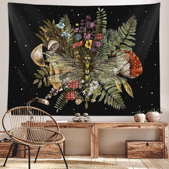 Boho Mushroom Dragonfly Tapestry for Bedroom Aesthetic, Vintage Botanical Plant Art Tapestries Wall Hanging for College Dorm Living Room Decor 80X60", Fairy Galaxy Poster Blanket