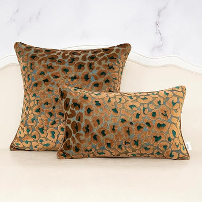 Alerfa Green Brown Floral Throw Pillow Cover 18 x 18 Inch Cut Velvet Sqaure Luxury Decorative Pillow Cover for Couch Living Room Bedroom