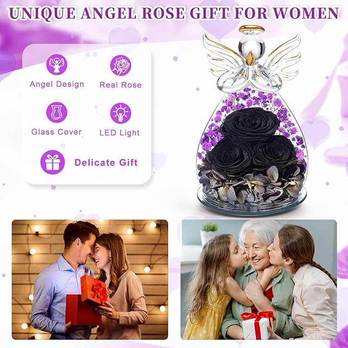 Beferr Valentines Day Rose Gifts for Her Women Mom Gifts for Birthday, Fresh Flowers for Delivery Prime Forever Preserved Rose in Glass Angel Figurine, for Grandma Wife Kids Daughter