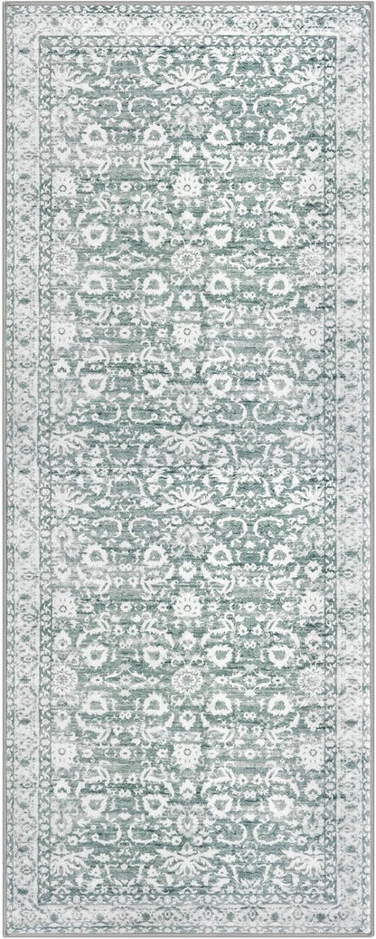 Vintage Floral 2x6 Runner Rug, Sage Green White Washable Kitchen Runner Rug Non-Slip Hallway Rug Runner Thin Printed Faux Wool Super Soft Carpet for Entryway Bedroom Laundry Room Indoor