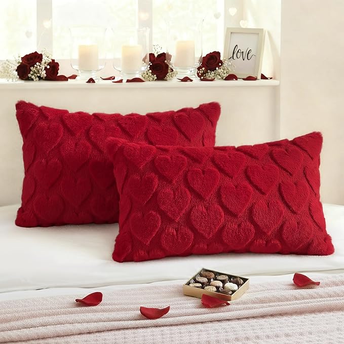 decorUhome Valentine’s Day Soft Plush Throw Pillow Covers 12x20 Inch Set of 2, Faux Fur Red Heart Decoration Neutral Lumbar Pillow Covers for Couch Sofa Bed Cozy Farmhouse Holiday Decor