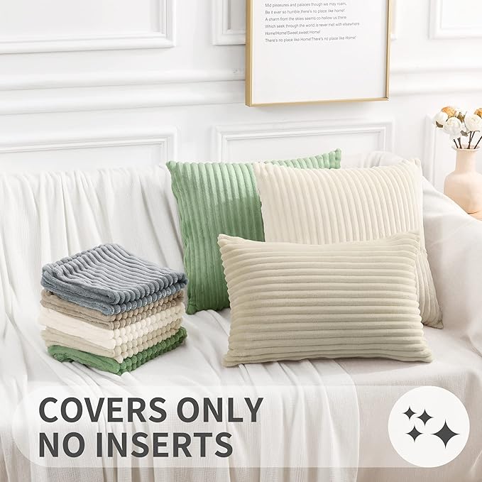 Simmore Decorative Spring Throw Pillow Covers 12x20 Set of 2, Soft Natural Plush Flannel Double-Sided Fluffy Lumbar Pillow Covers for Couch Sofa Living Room, Sage Green