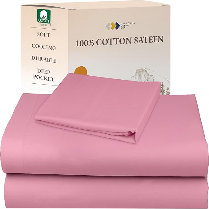 California Design Den XL Twin Sheets Set - Natural 100% Cotton Sheets, Soft Sateen, Fully Elasticized Deep Pockets, Breathable and Durable Bedding for Dorm Room - Doll Pink