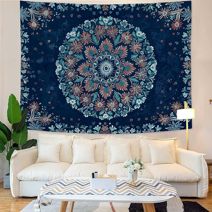 Fowocu Boho Floral Mandala Tapestry Wall Hanging Blue Bohemian Flower Medallion Tapestry Aesthetic Vintage Navy Hippie Indian Small Tapestries for Bedroom Living Room Dorm Decor 40 x 30 Inch