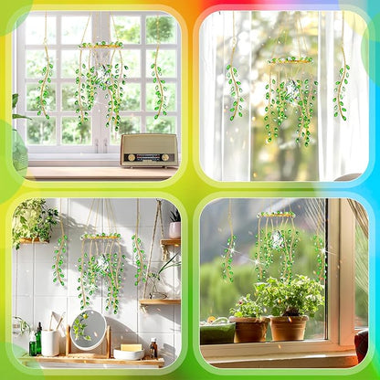 Suncalla 3 Pcs Crystal Suncatchers for Window Boho Decor Plant Sun Catchers Green Plants Artificial Hanging Wind Chime Sun Catchers with Chain Making Rainbow Indoor Outdoor Decor Plant Lover Gift